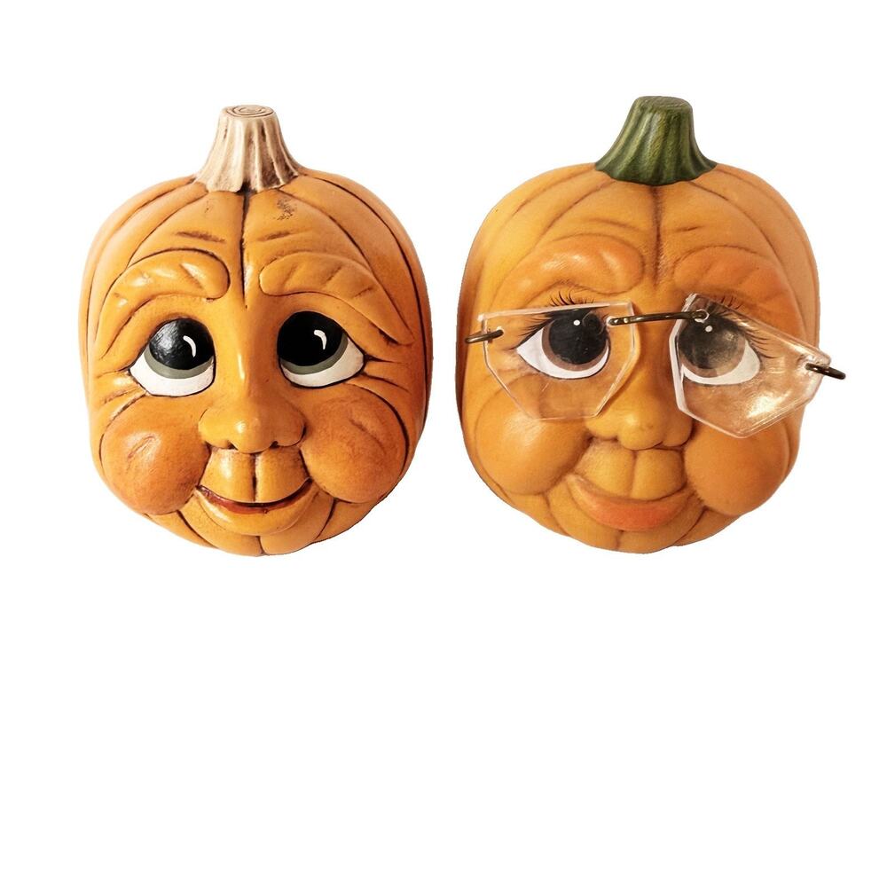 Hand Painted Ceramic Pumpkin Figurines Set of 2 One with Glasses Anthropomorphic